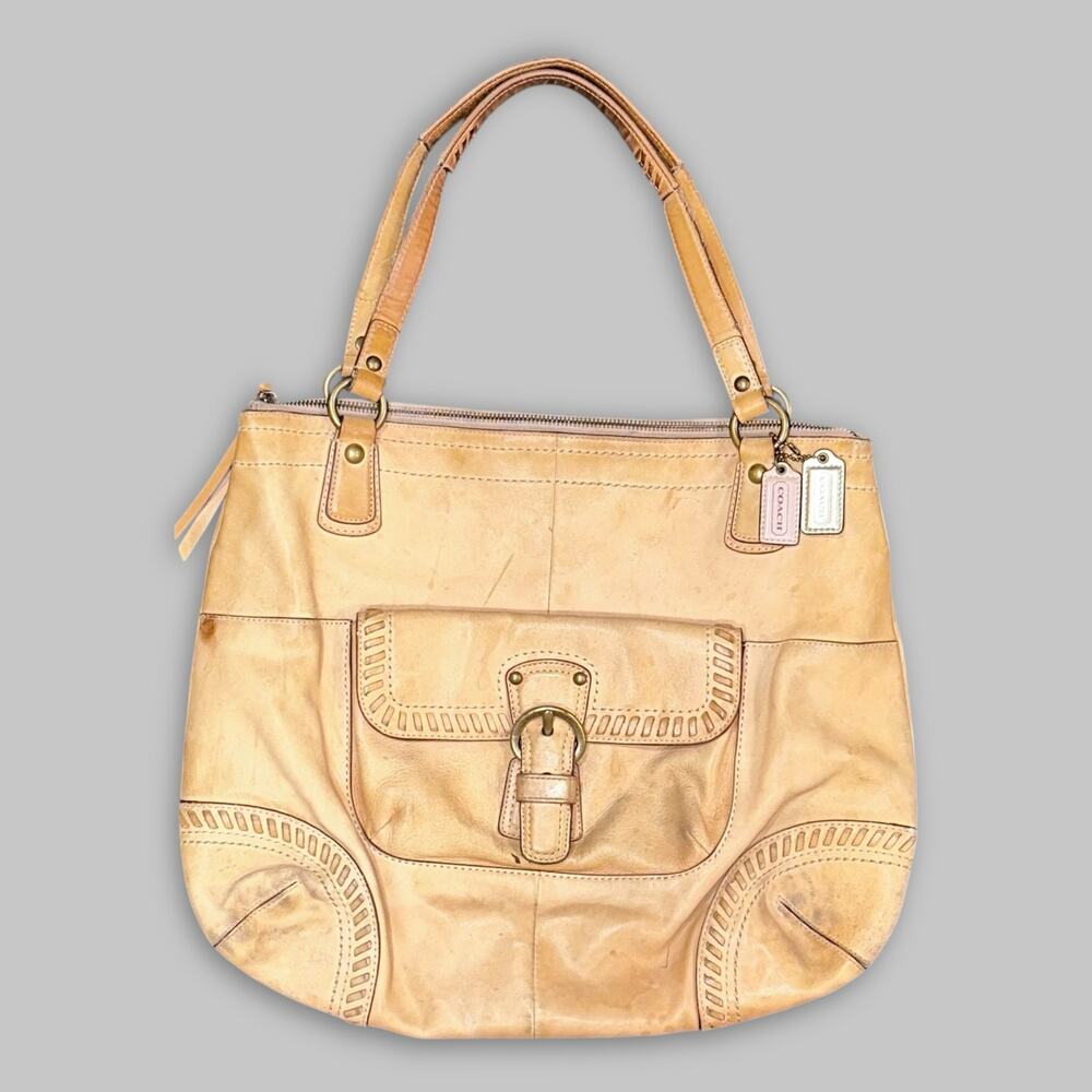 Vintage Coach Poppy Tan Leather Shoulder Tote Bag with Front Buckle Pocket